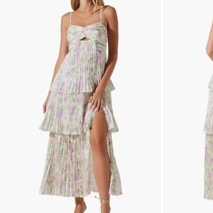 ASTR The Label Floral Pleated Tiered Maxi Dress high slit, Cutout Detail Small
